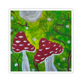 Rectangular kiss-cut sticker featuring two red toadstools with gray stems on green forest.