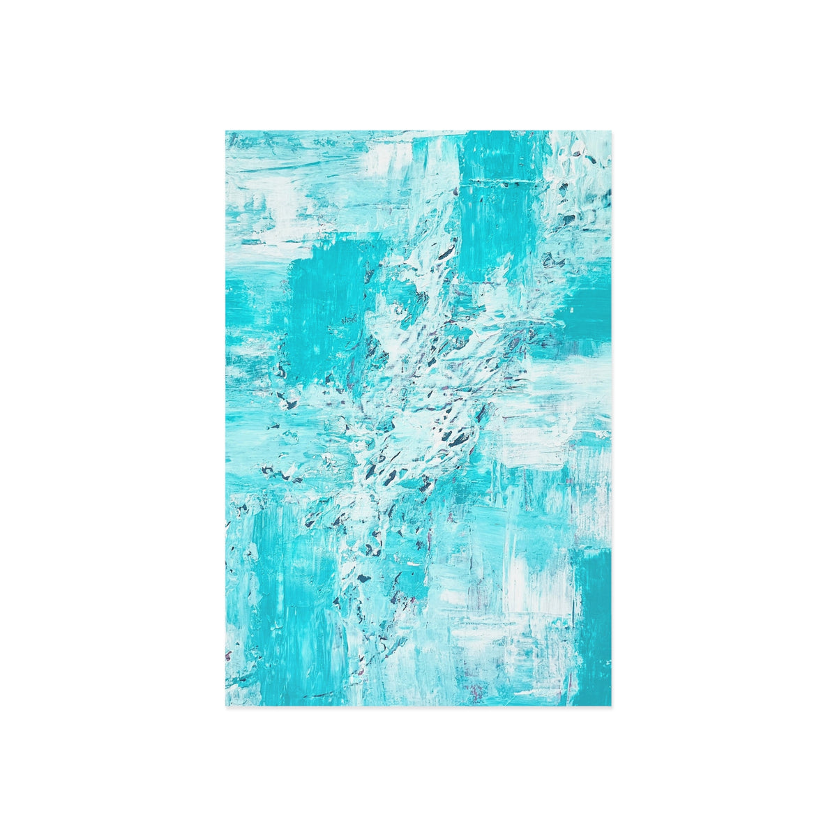 Turquoise abstract note card with white border, portrait view on white background