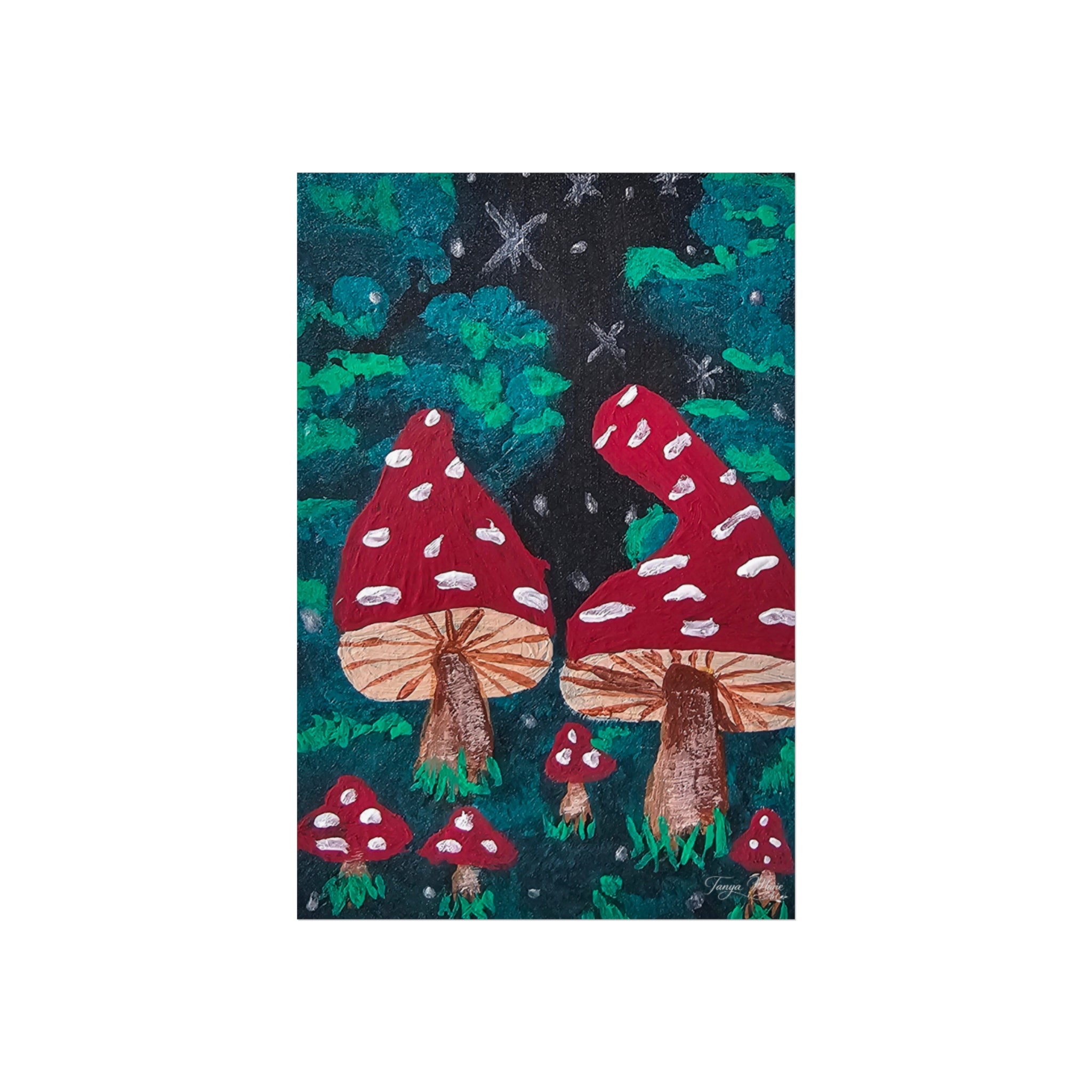 Whimsical fine art poster featuring red toadstools, white spots, and green forest foliage