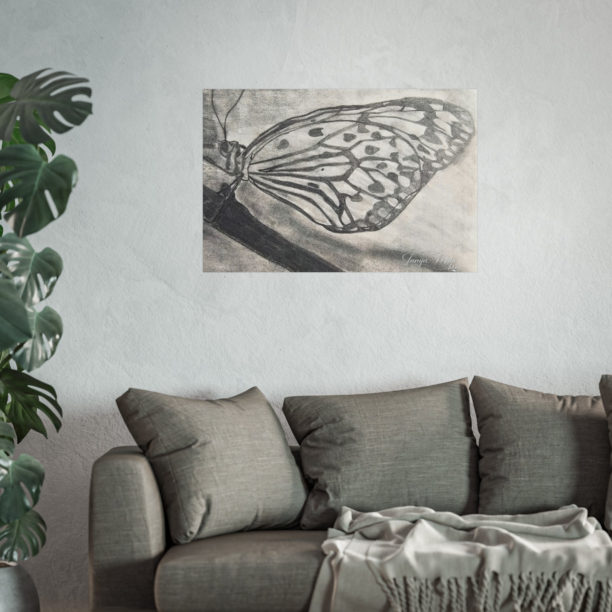 Butterfly Kisses - Butterfly Wing Charcoal Art Poster — Monochrome Fine Art Print