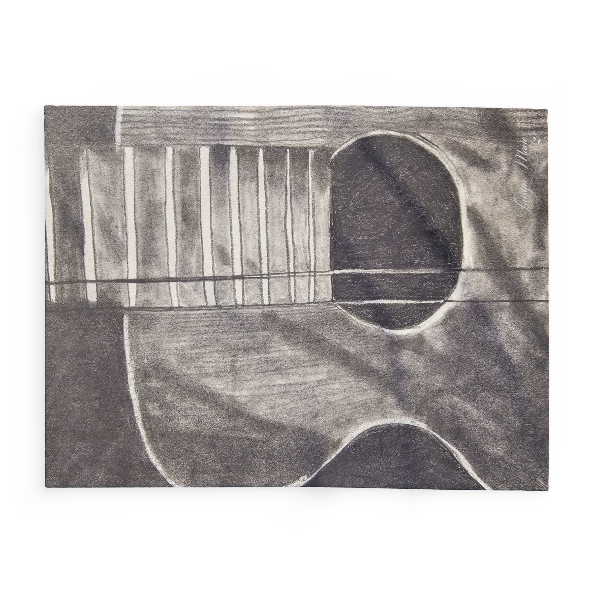 Gray acoustic guitar sketch fleece blanket, close-up of guitar neck and strings