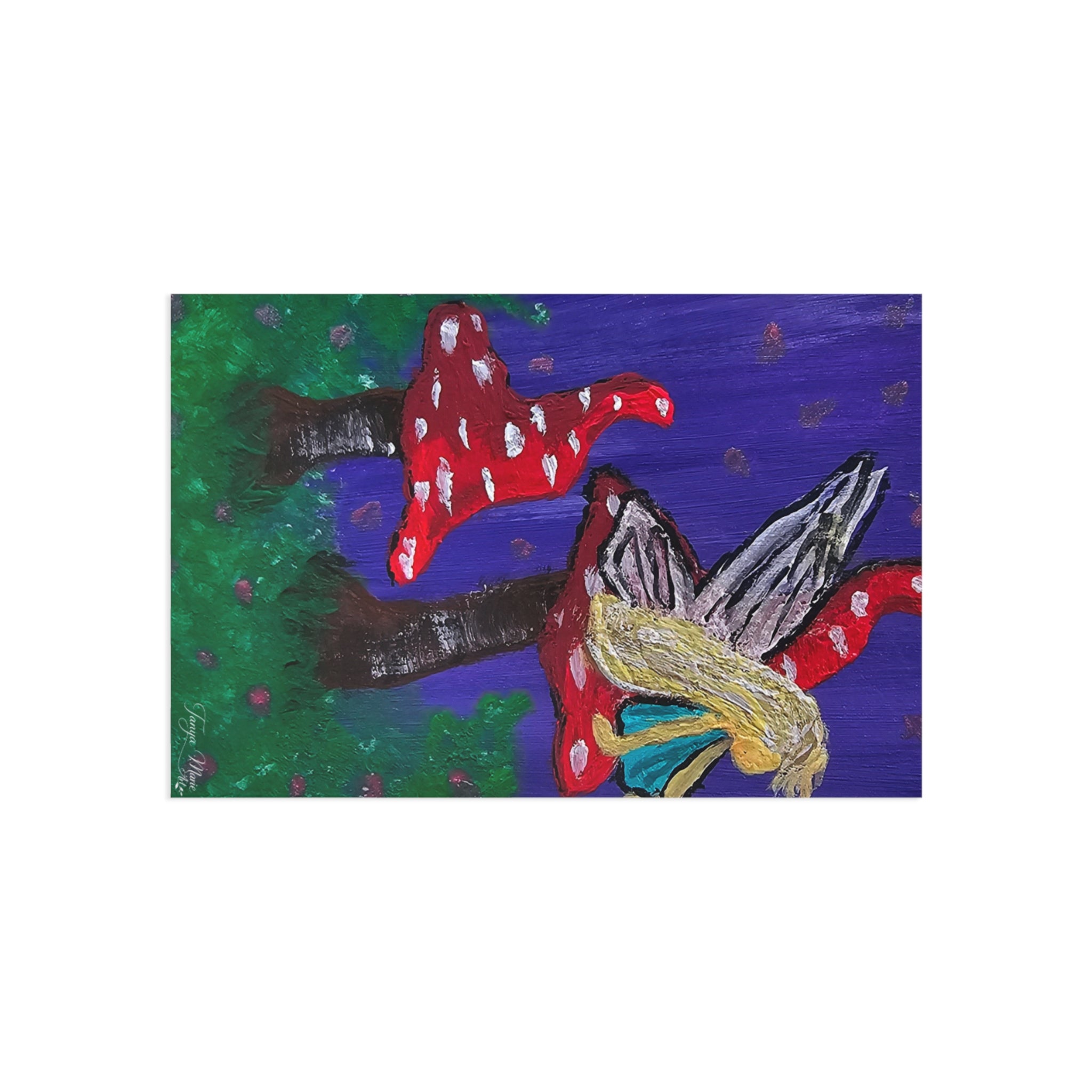 Single fine art postcard featuring a fairy and red mushroom figures on blue