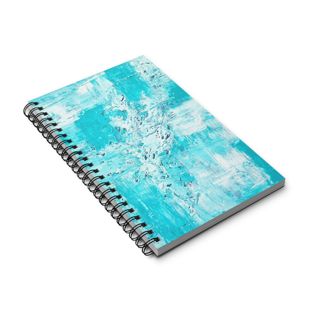 Turquoise abstract spiral notebook, angled view with black coil binding and gray edge.