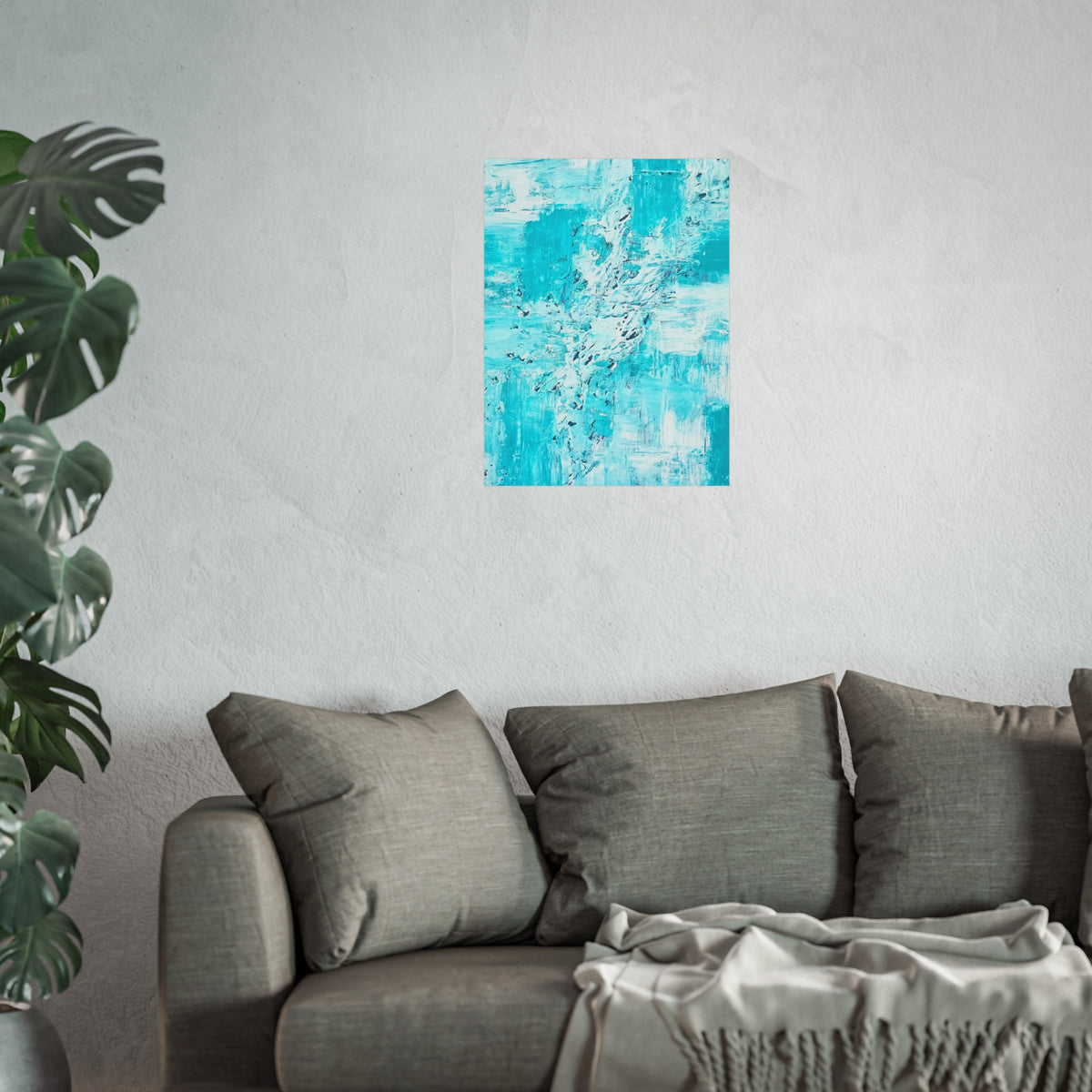 Turquoise abstract ocean art poster, square, with mixed blue brushstroke textures.