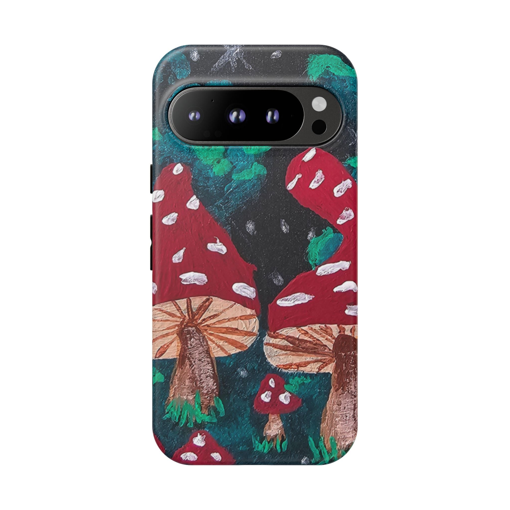 Tough phone case front view featuring red and green mushrooms with phone camera opening