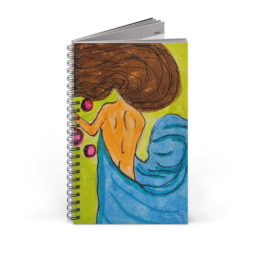 Spiral journal with fantasy watercolor cover of a woman, brown hair and blue figure, orange skin