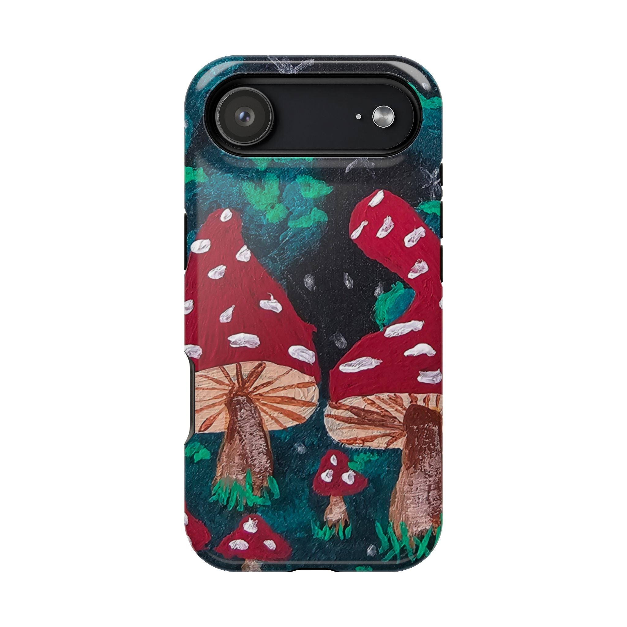 Phone case with red toadstool forest design, large top camera cutout