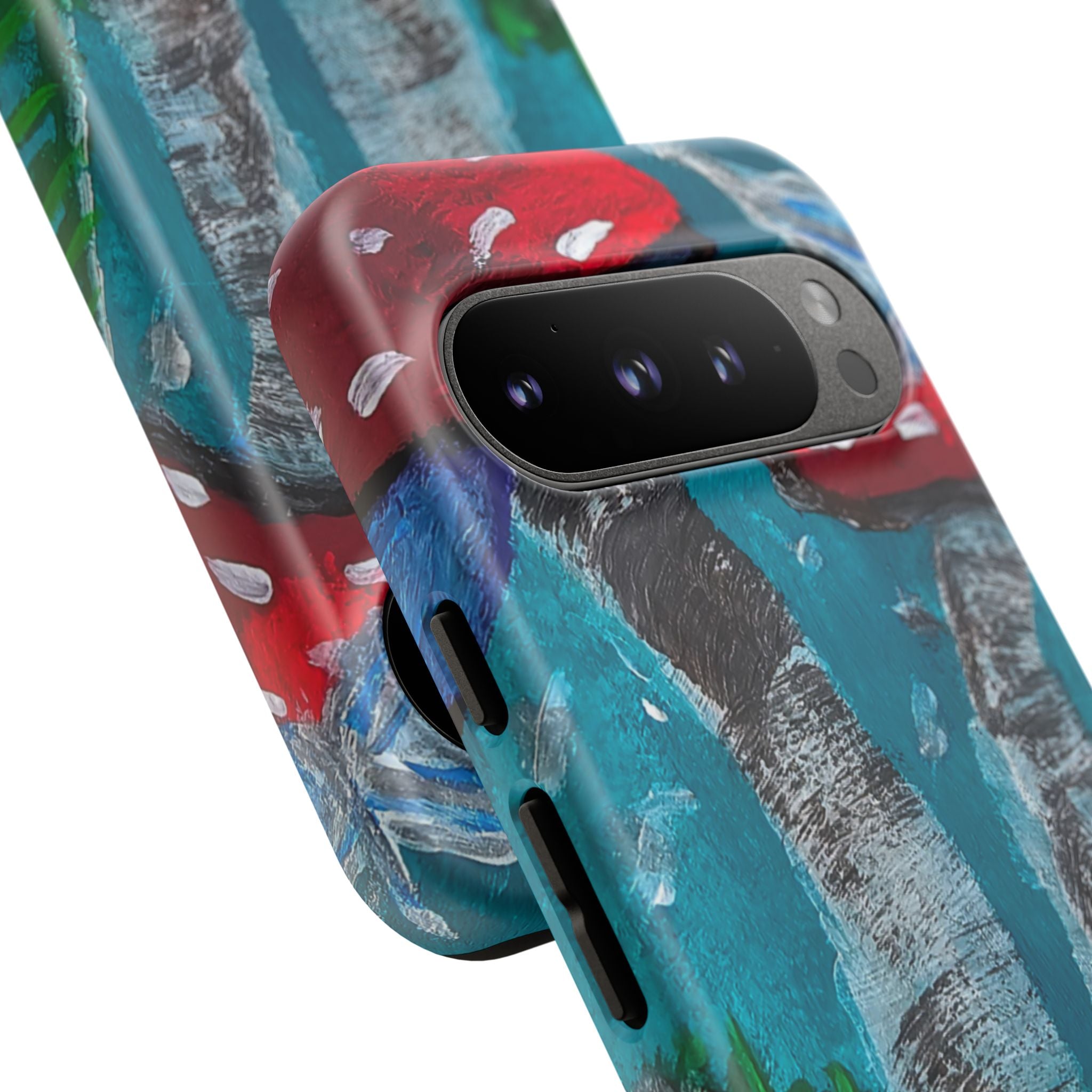 Phone case angled with red toadstools, birch trunks, and raised camera bezel