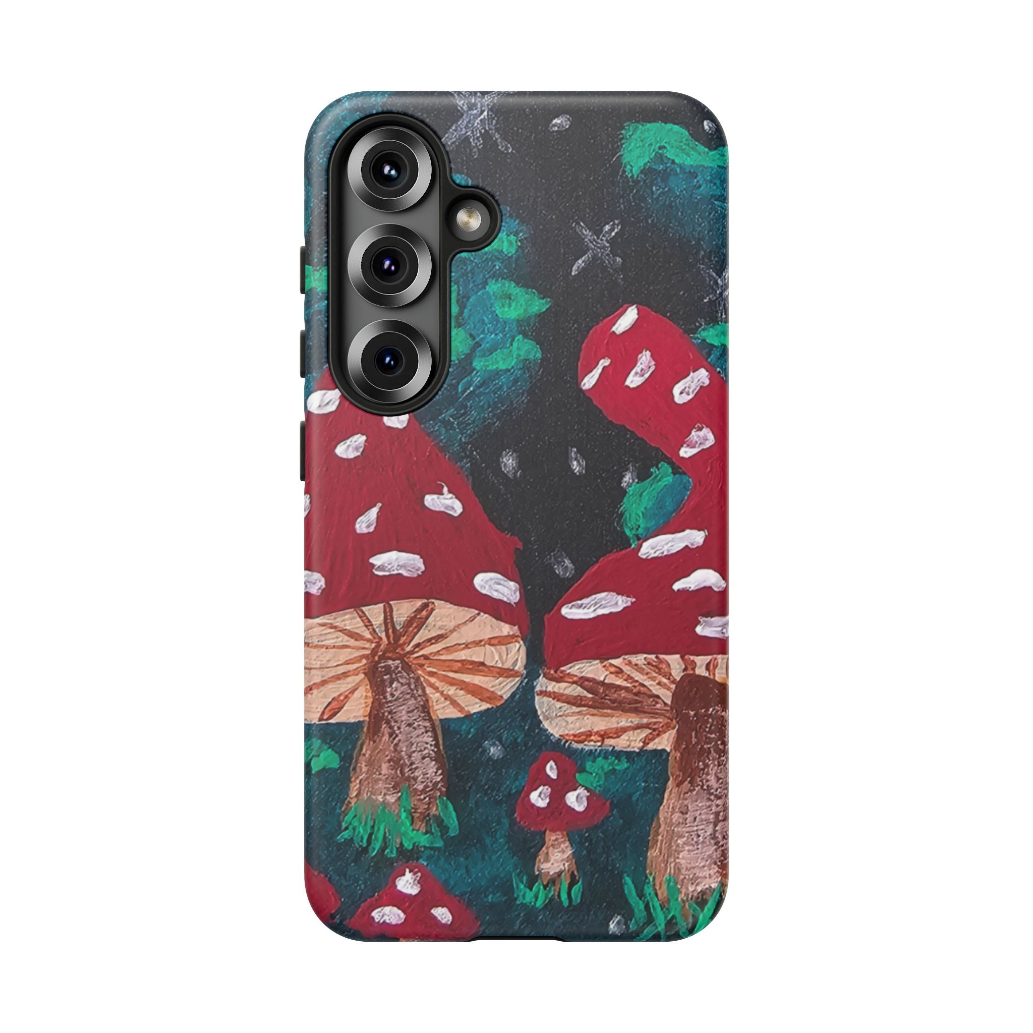 Tough phone case, teal border, dark forest-style mushroom artwork; three-lens camera cutout.