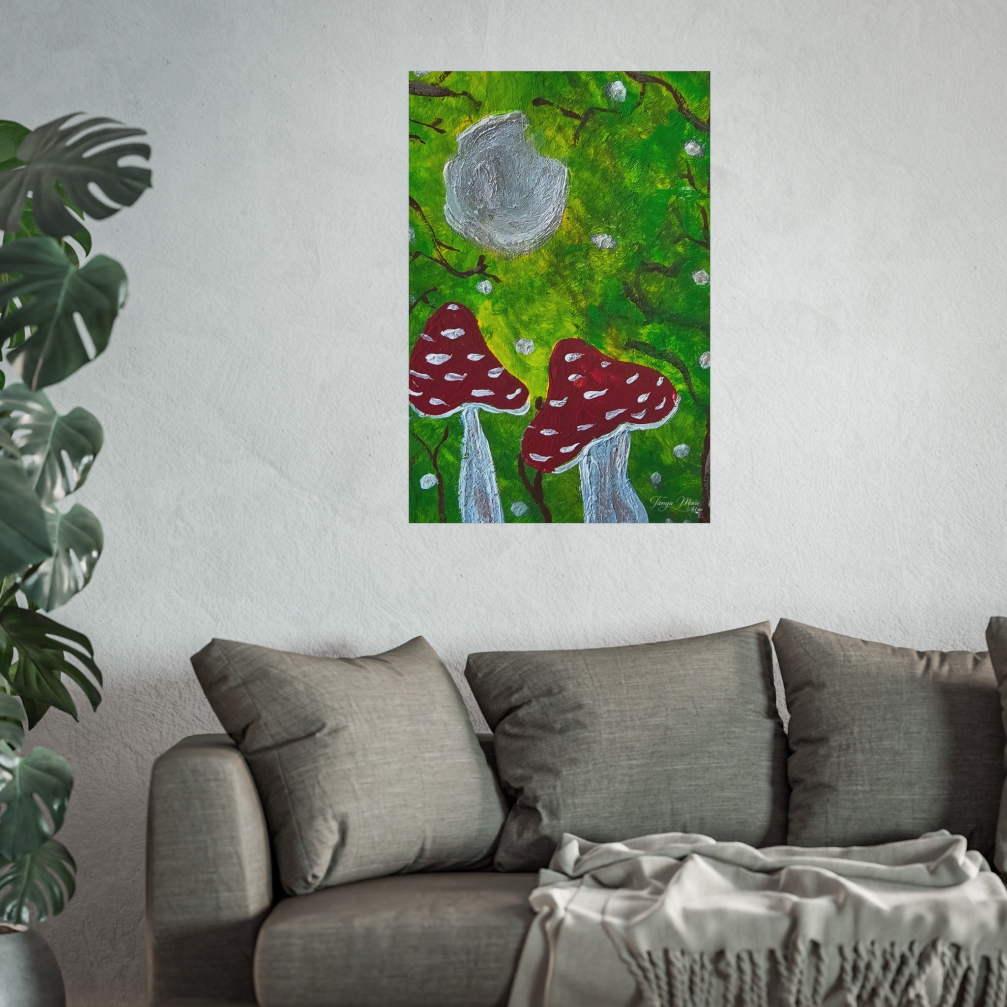Mushroom art poster featuring green forest leaves, gray mushroom cap, and red spotted mushrooms.