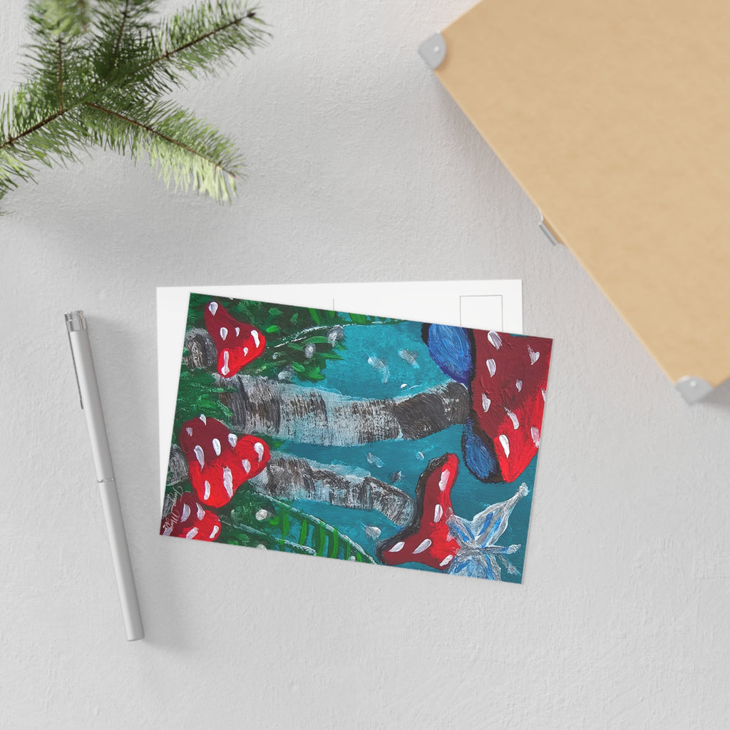 Glossy postcard with red-and-white mushrooms on teal background and dark trunks