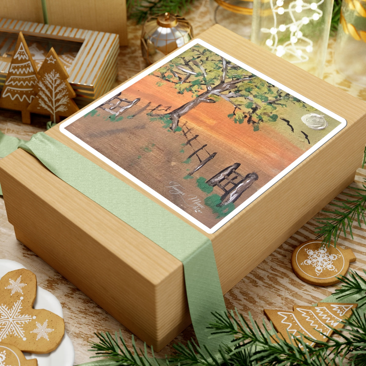 Countryside Sunset Sticker — Tree, Fence & Moon Kiss-Cut Art Sticker