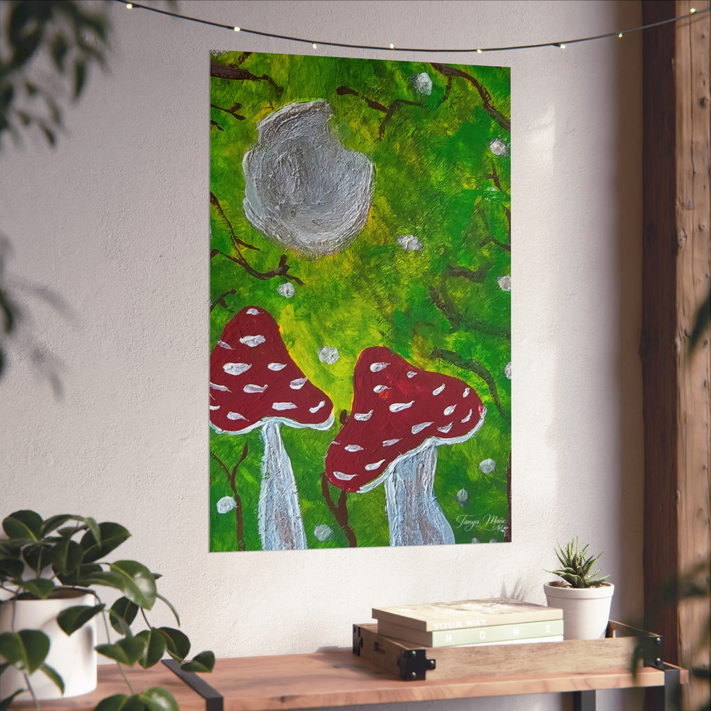Vertical forest mushroom art poster with green foliage, gray round cap, and red spotted mushrooms.