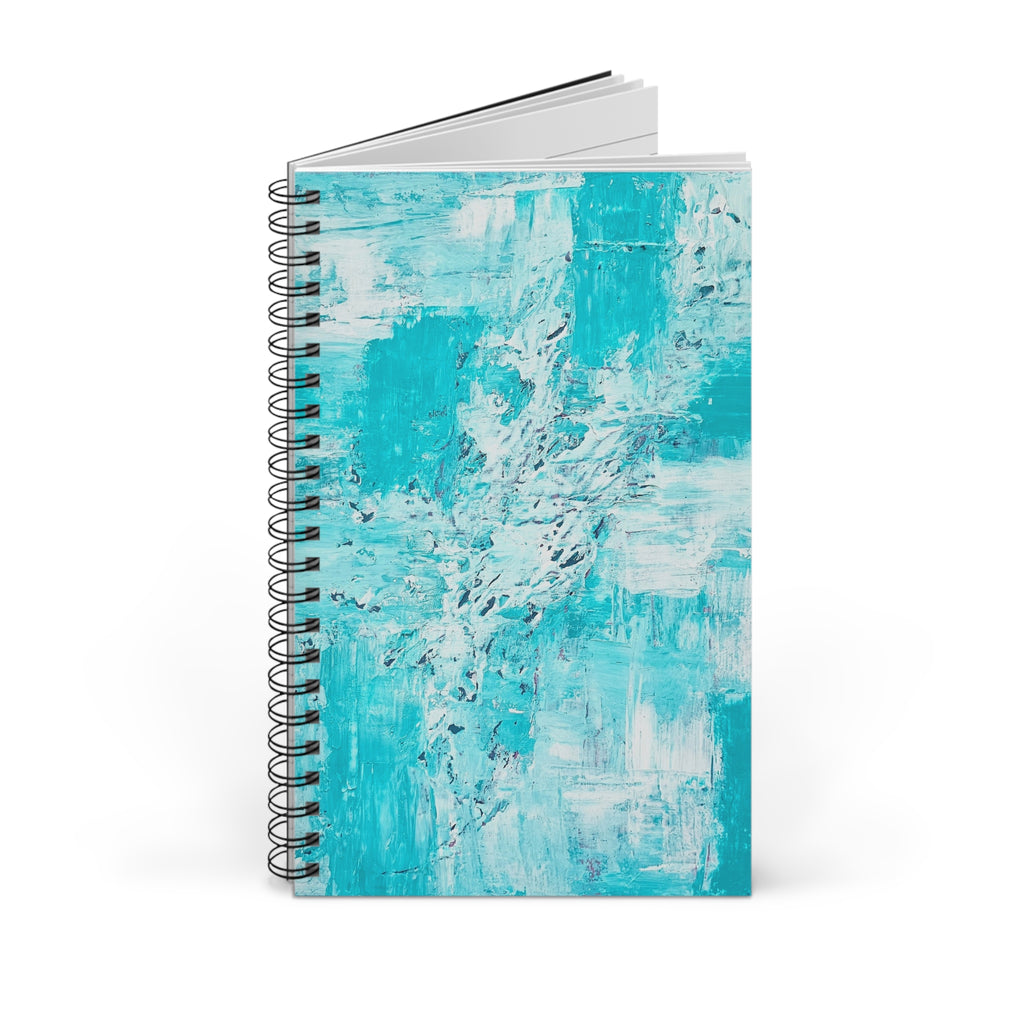 Turquoise abstract spiral journal with teal cover artwork and black spiral binding