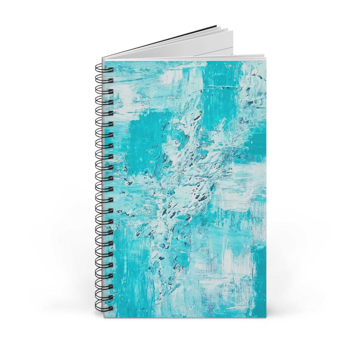 Turquoise abstract spiral journal with teal cover artwork and black spiral binding