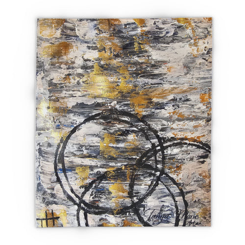 Abstract fleece blanket with grey, gold, and black circle pattern, flat square view