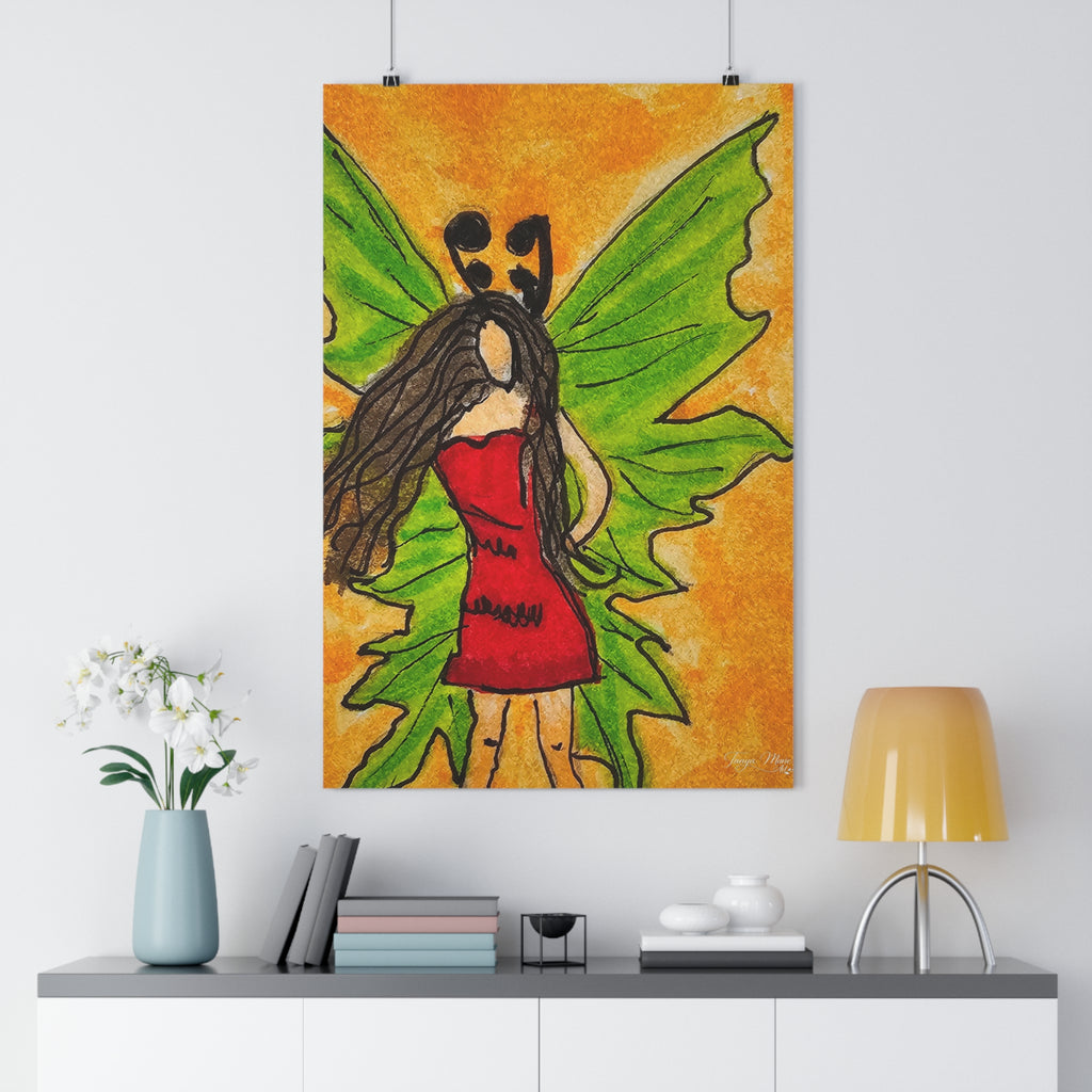 Wall-hung fairy art print featuring green wings and red dress over orange