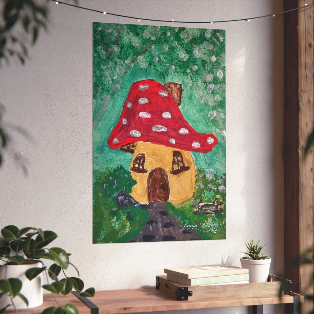 Fine art poster of a mushroom cottage with red polka-dot mushroom cap and yellow house on green