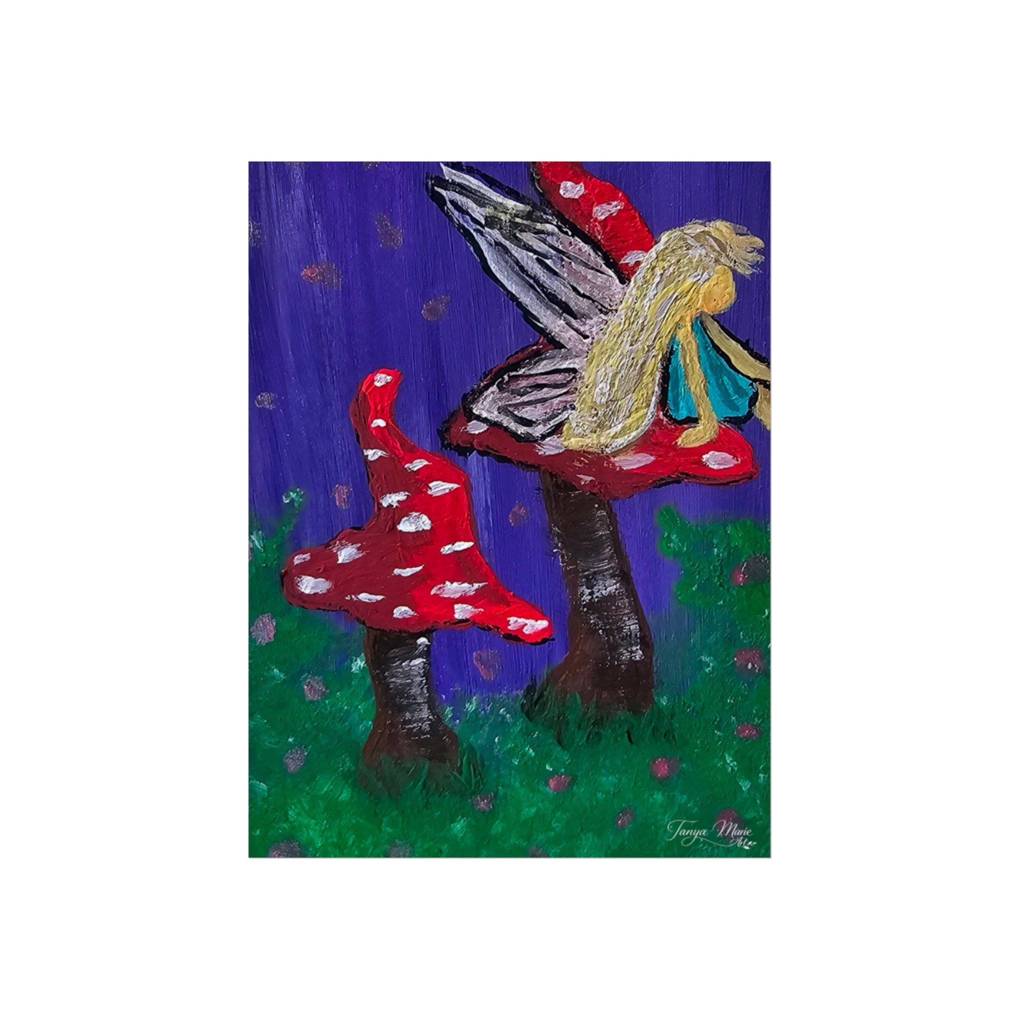 Matte fine art poster detail of blonde fairy, red spotted mushrooms, and dark tree trunks