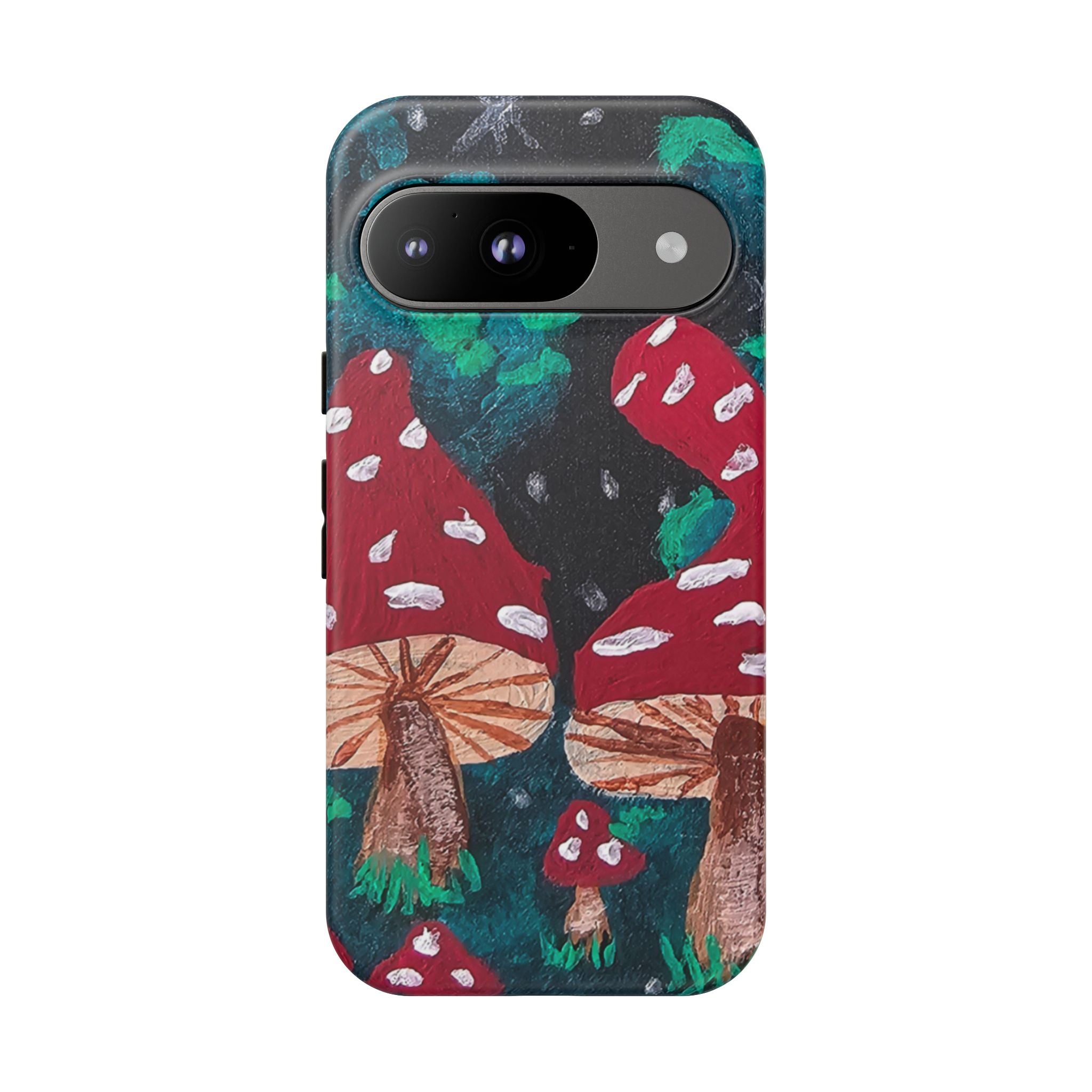 Tough phone case close front view with mushroom forest print and speaker/mic openings