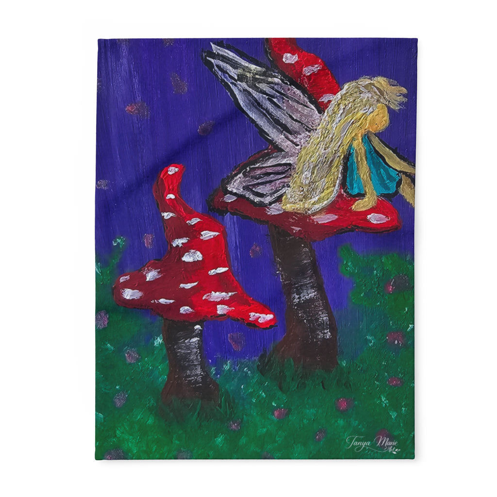 Fleece blanket with colorful fairy and mushroom scene in blue, green, red, and gray