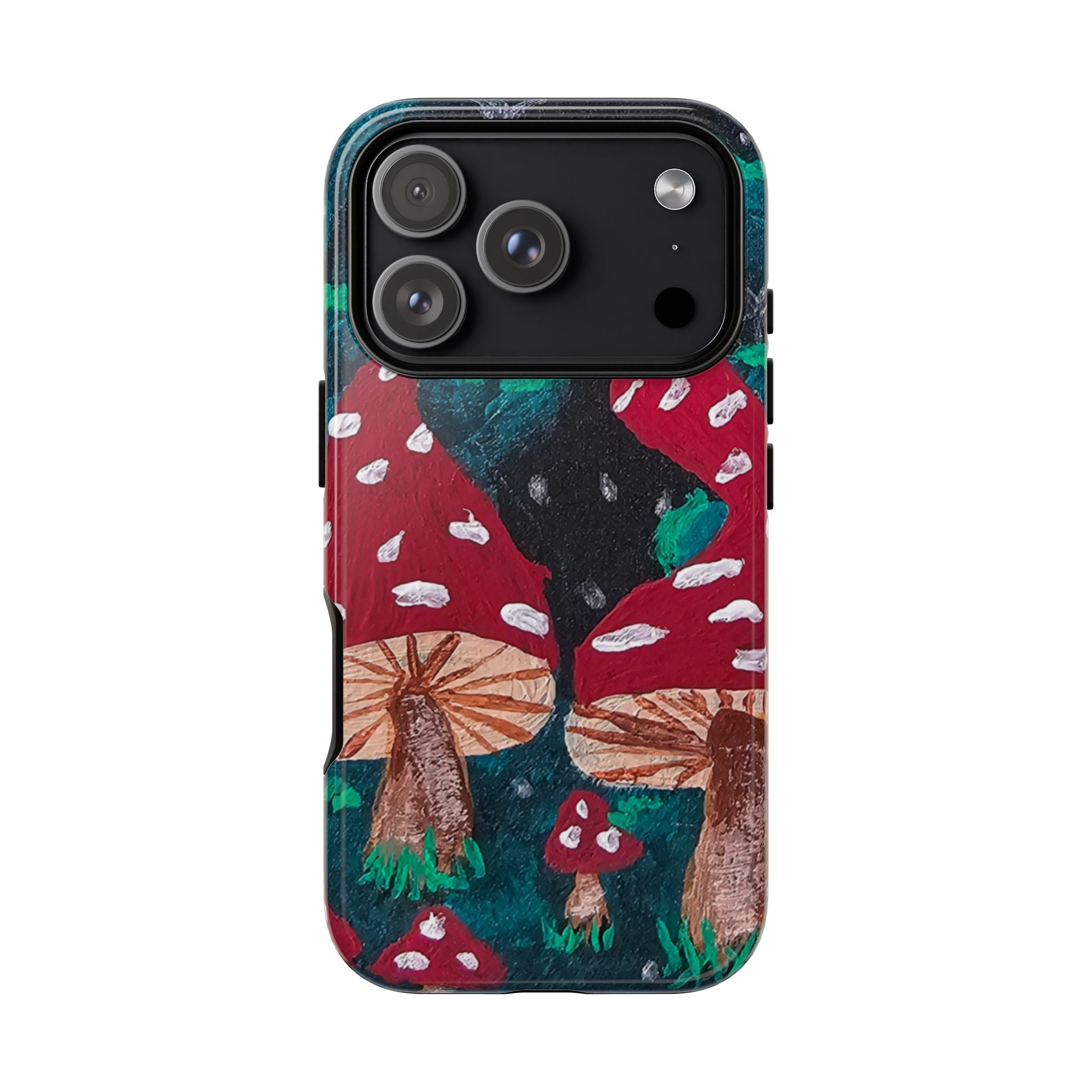 Tough phone case with dark forest mushroom pattern, teal trim, raised camera cutouts.