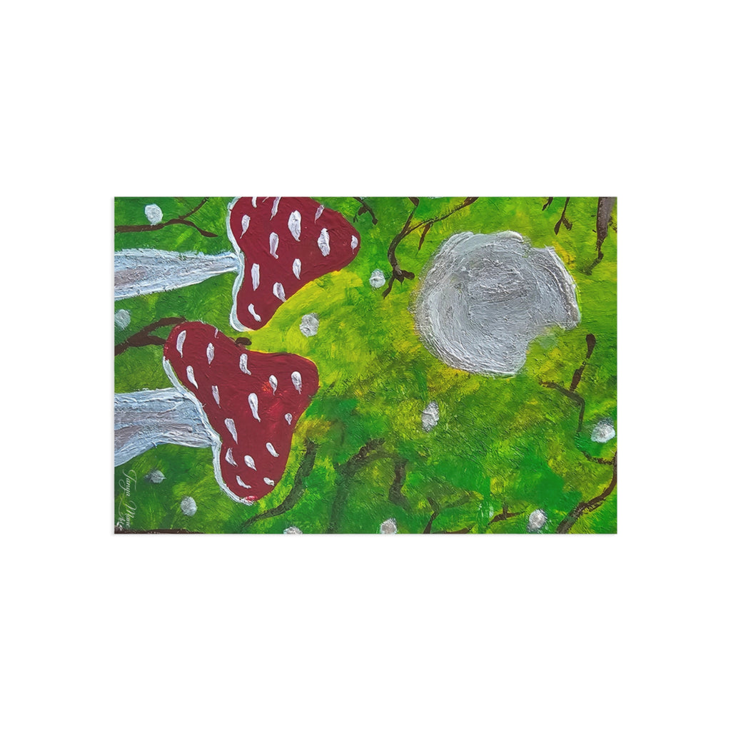 Glossy art postcard crop: red toadstools and gray mushrooms on green forest illustration