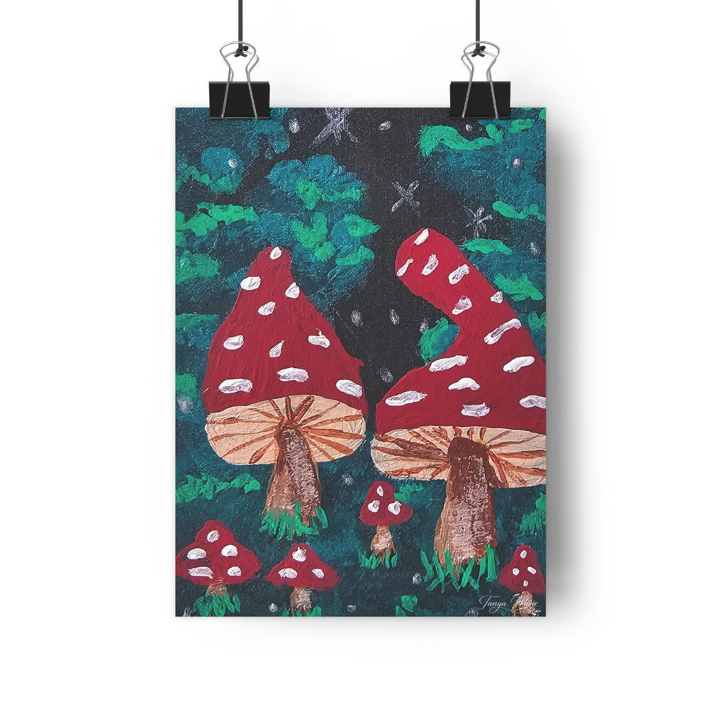 Giclée art print of red toadstools in a dark forest nightscape