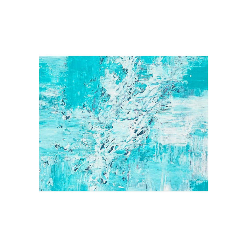 Turquoise and white abstract wall art poster, wide rectangular composition with layered strokes.
