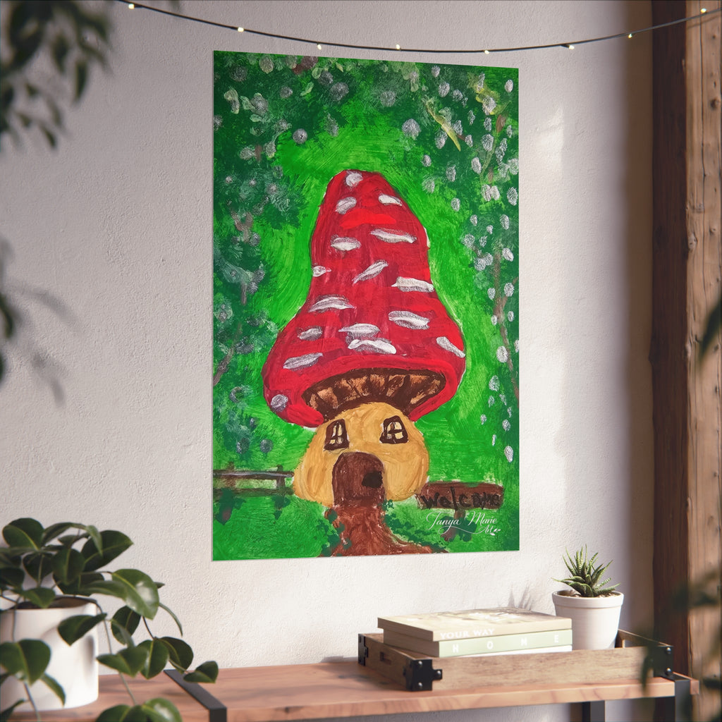 Fine art poster of a red mushroom house with green foliage and white speckles, brown base