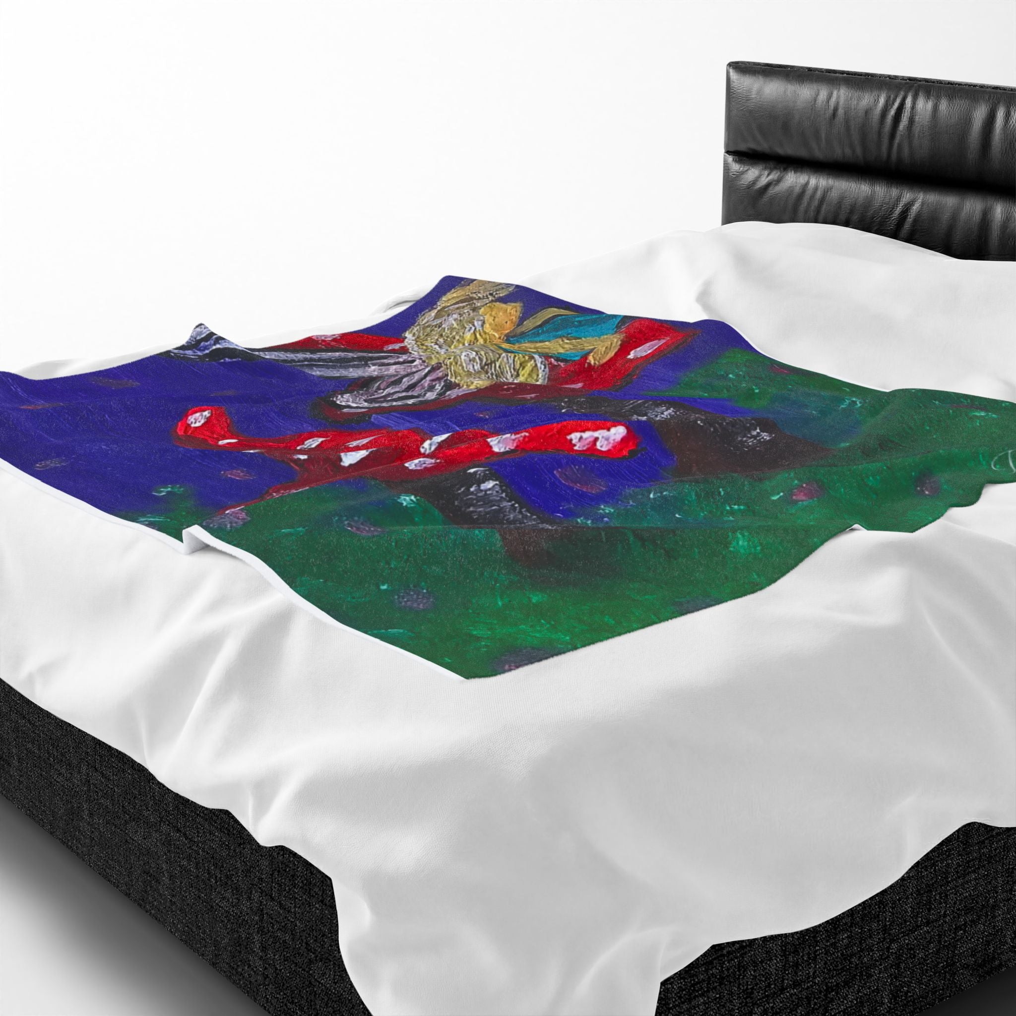 Velveteen blanket plush throw spread on bed, fairy and red toadstool scene