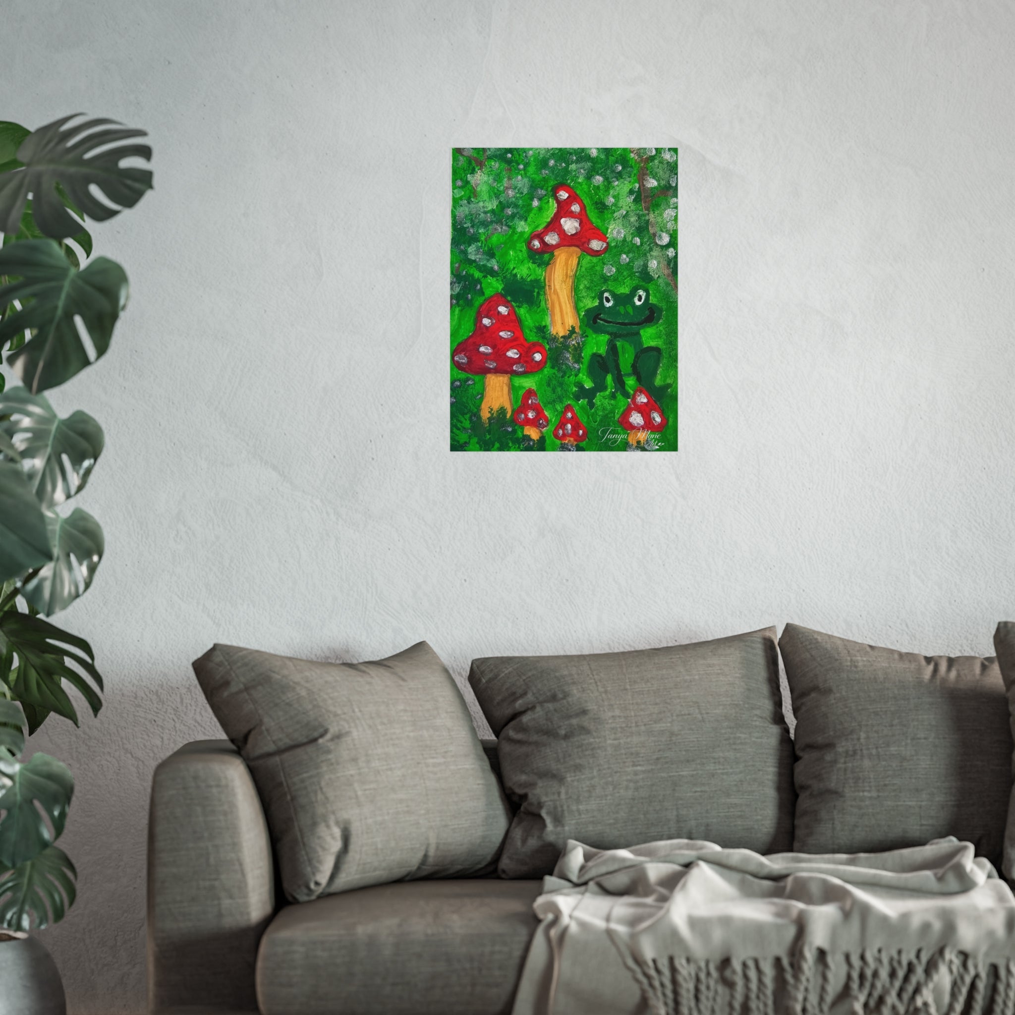 Small forest mushroom poster with red toadstools, green frog, and speckled green background