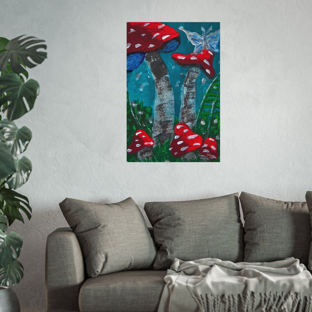 Wall poster of red toadstools with blue-green stems displayed above a gray sofa