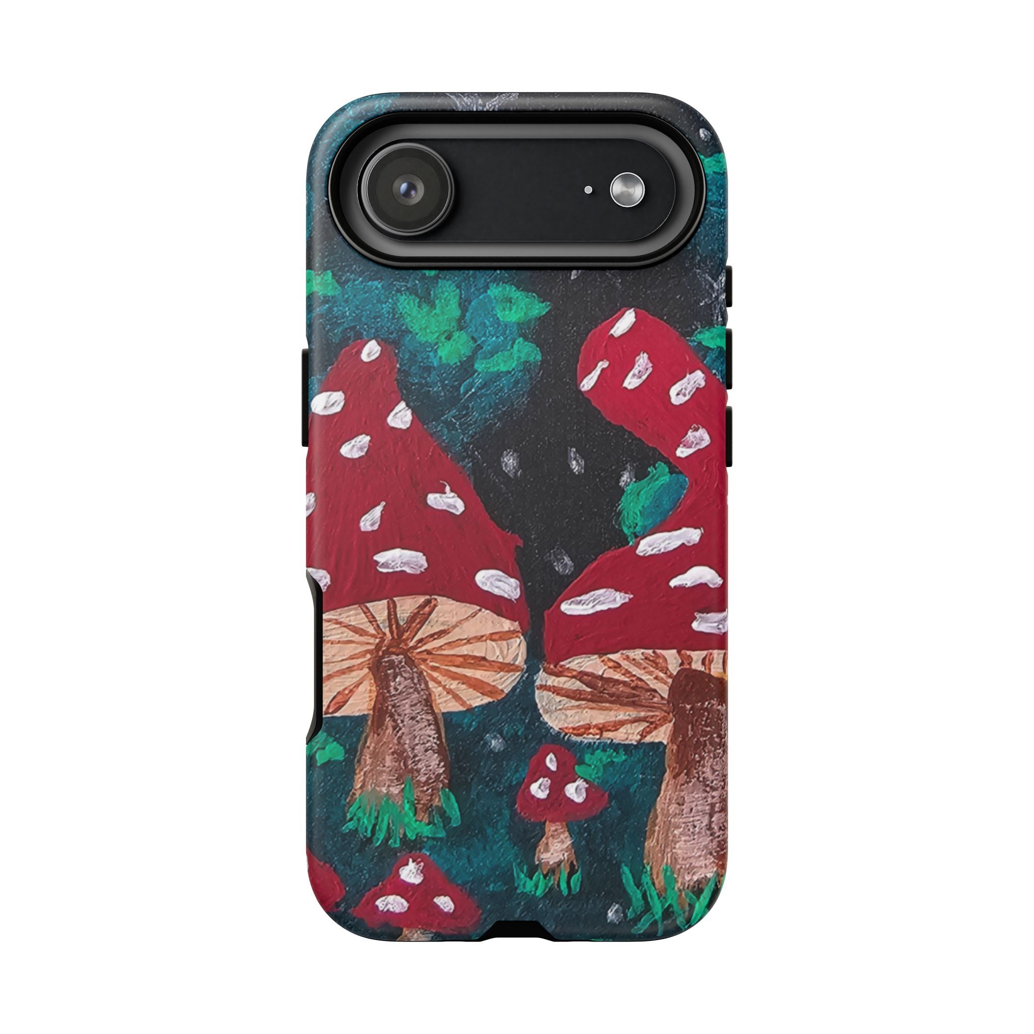 Tough phone case with teal-trim border and mushroom forest design; horizontal camera bar cutout.