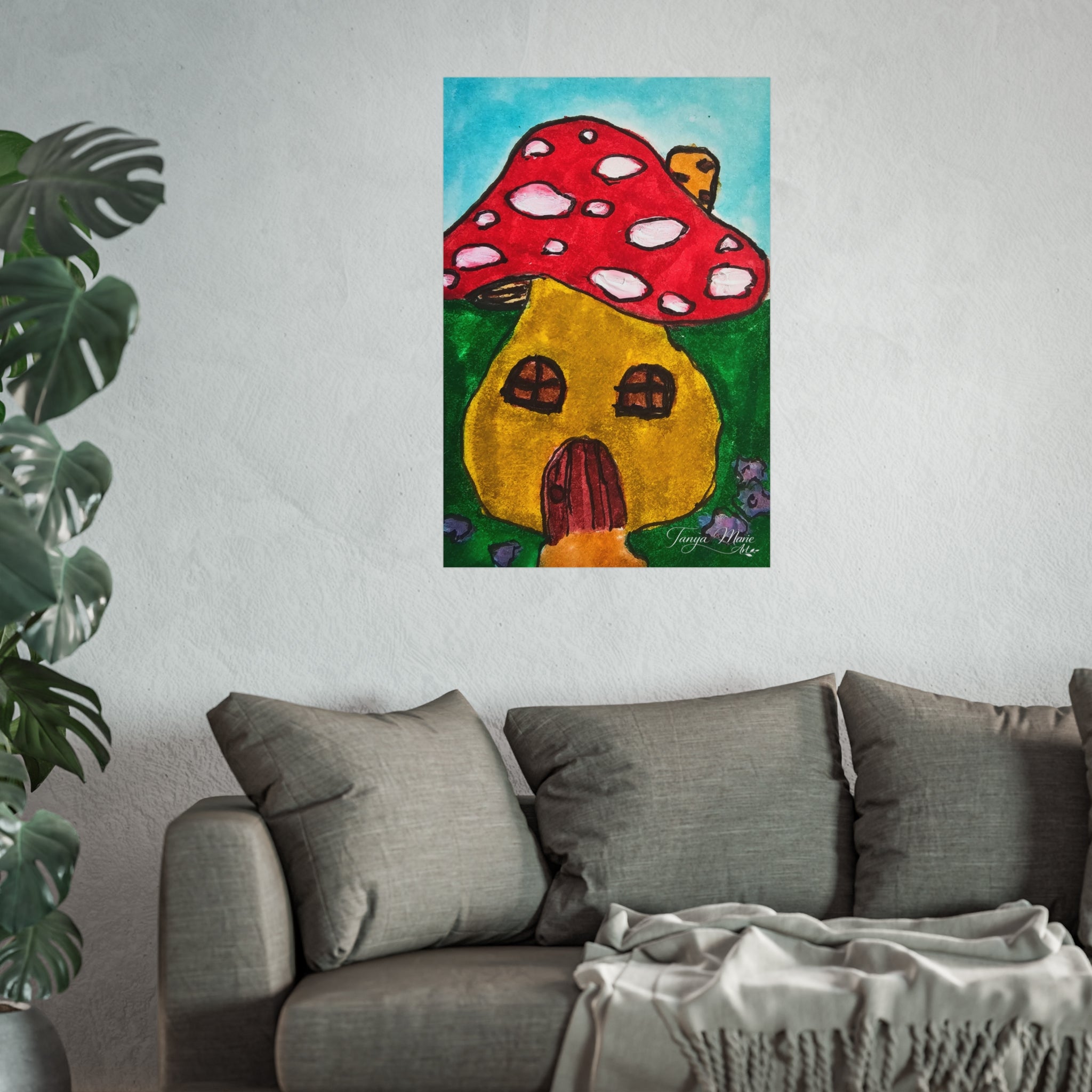 Mushroom house illustration poster with red cap, yellow cottage windows and door