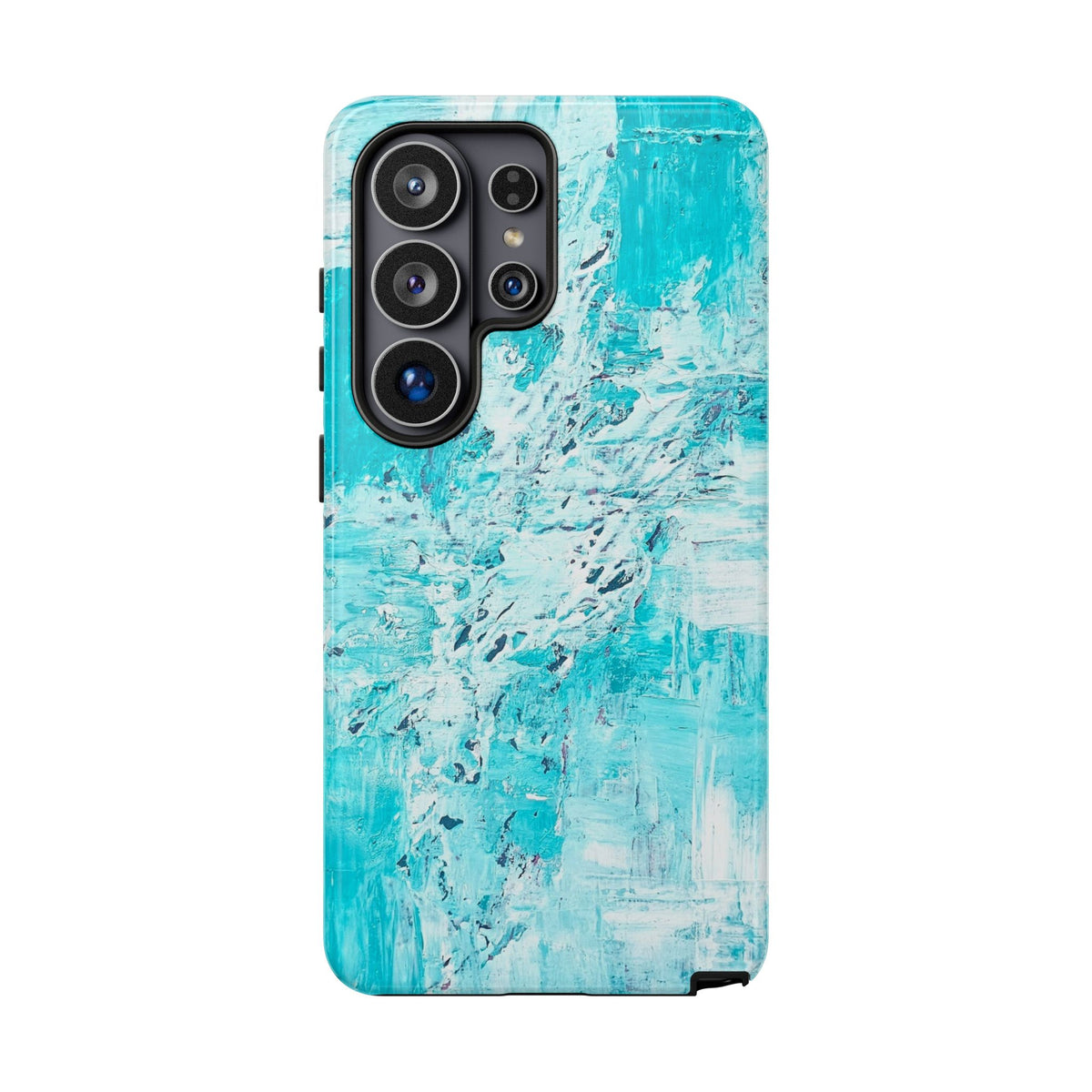 Turquoise marble phone case showing quad camera cutouts on abstract ocean blue print