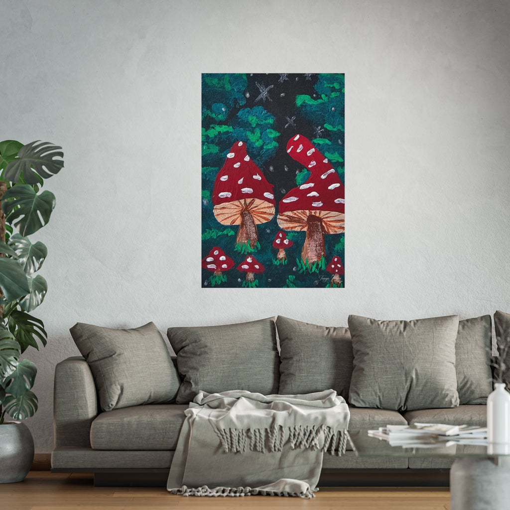 Matte fine art poster with red spotted toadstools on a dark green forest background