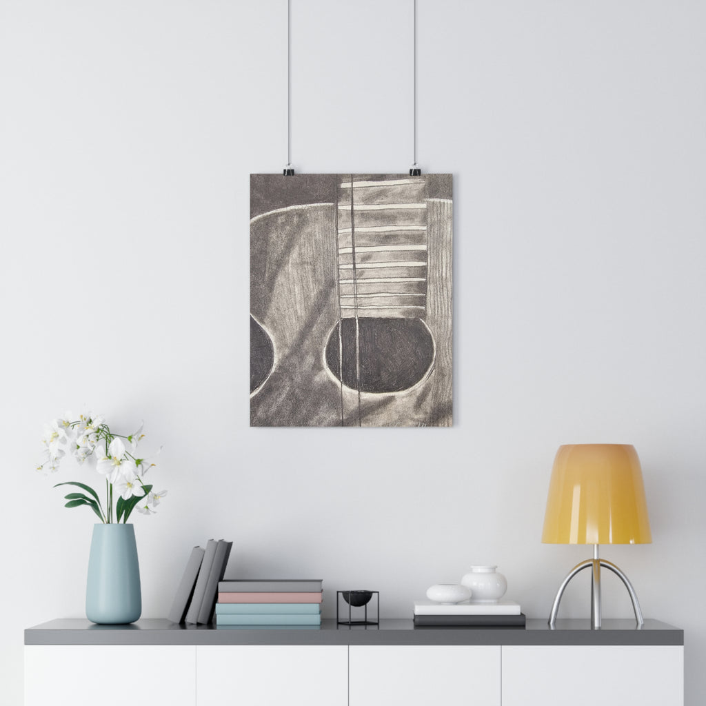 Acoustic Guitar Charcoal Giclée Art Print — Monochrome Music Wall Art