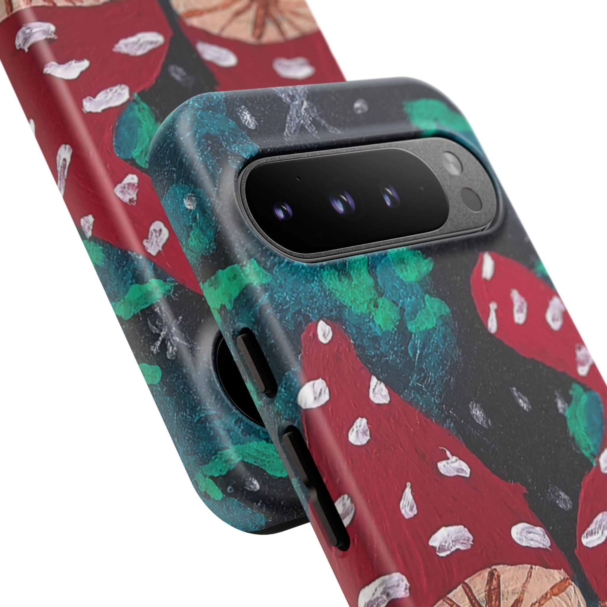 Tough phone case showing camera opening on red-green mushroom forest design