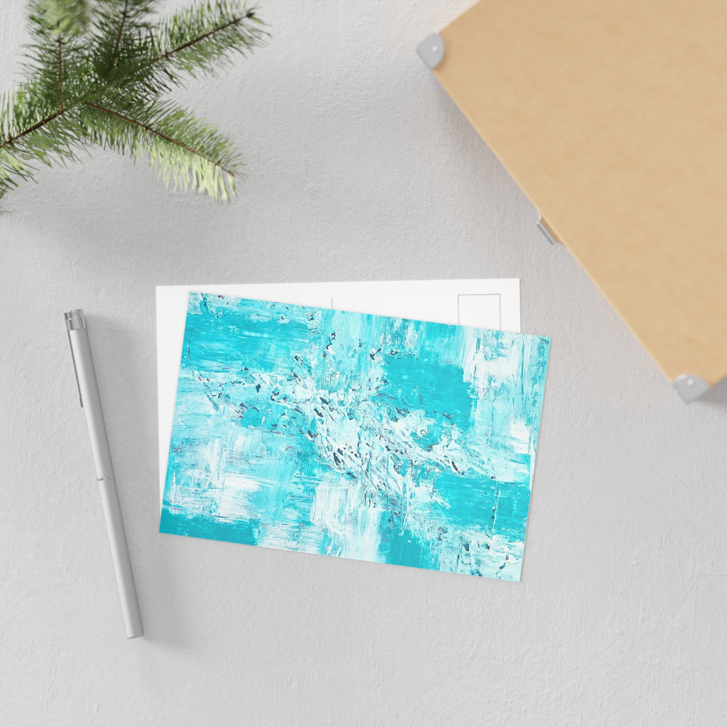 Turquoise abstract note card shown on a surface with blank writing lines box