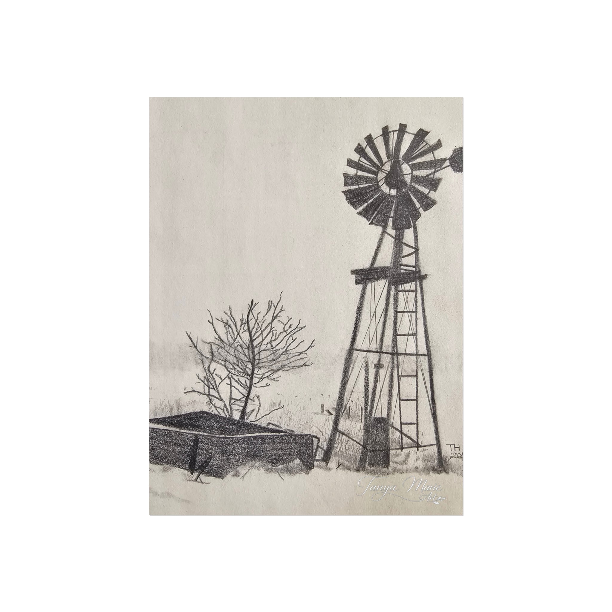 Windmill Sketch Fine Art Poster — Rustic Black & White Wall Art