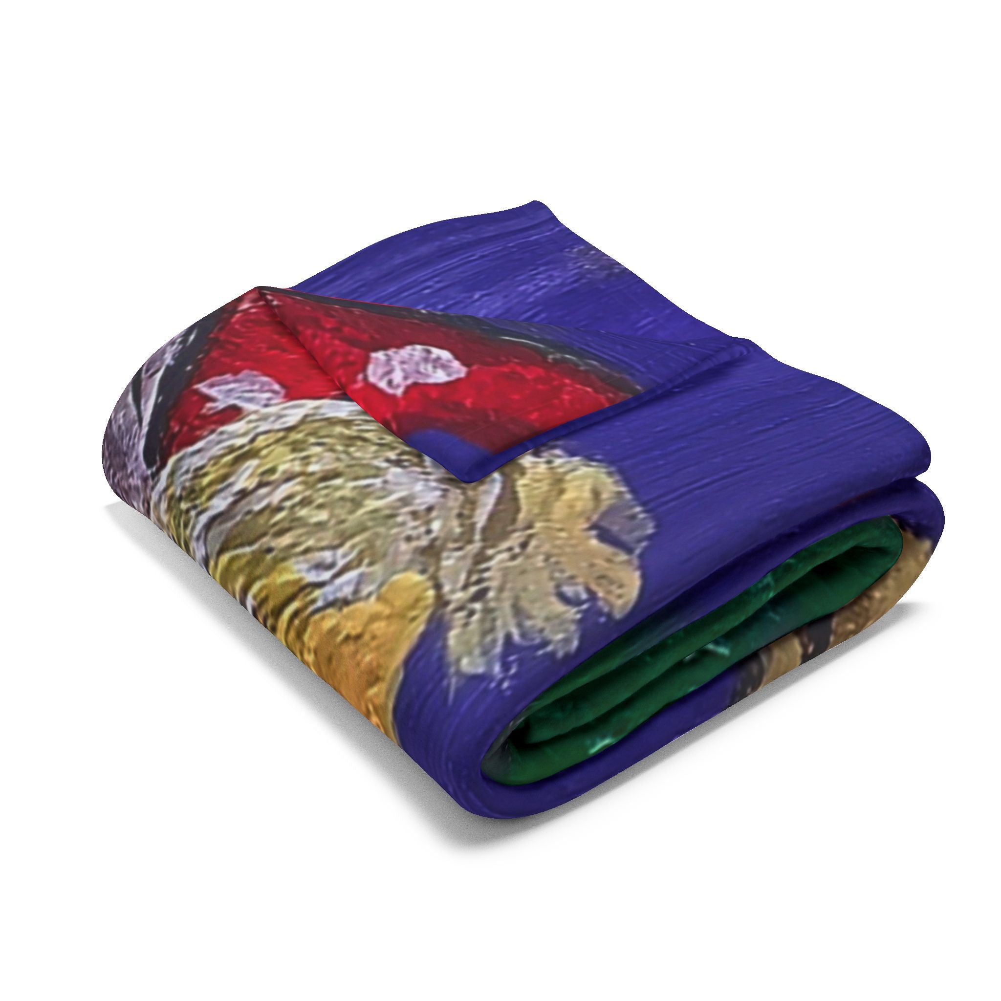 Folded fleece throw blanket with blue base and fairy-mushroom print; shows layered edges