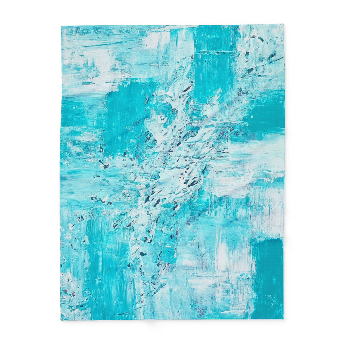 Turquoise abstract fleece blanket with blue-white swirls and brushstroke texture.