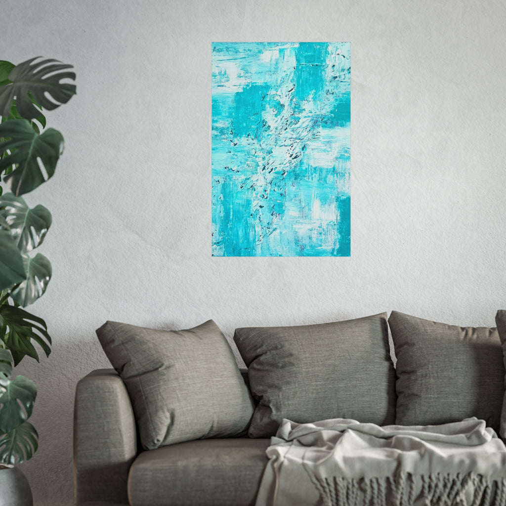 Turquoise abstract ocean art poster, square, featuring layered painted brushstrokes.