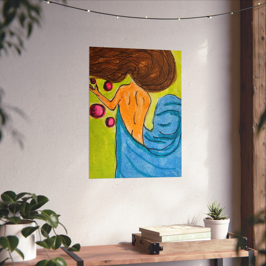 Matte paper abstract woman poster with brown hair, orange face, and blue drapery.