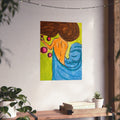 Matte paper abstract woman poster with brown hair, orange face, and blue drapery.