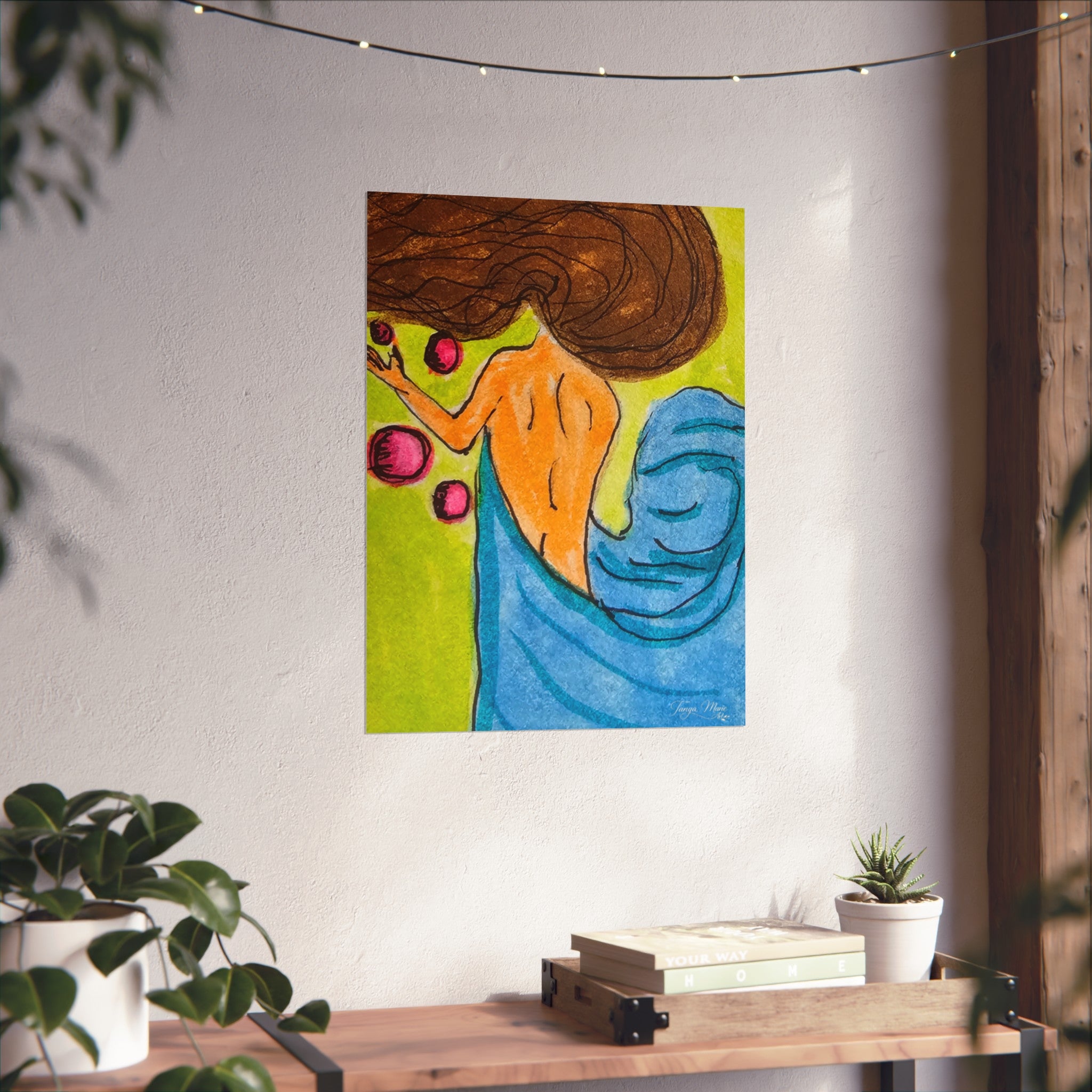 Matte paper abstract woman poster with brown hair, orange face, and blue drapery.