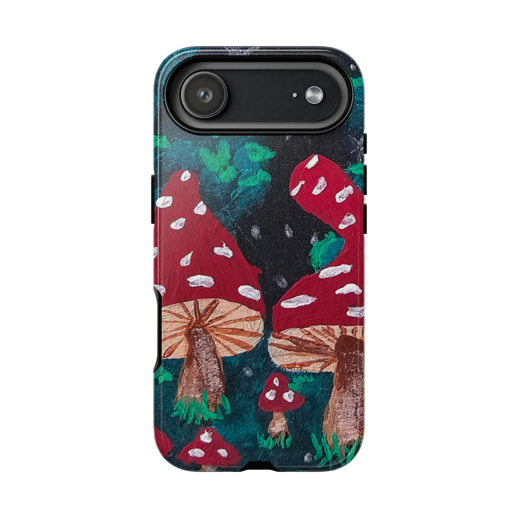 Tough phone case, dark back with mushroom forest print; single camera bar with lens opening.