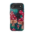Tough phone case, dark back with mushroom forest print; single camera bar with lens opening.
