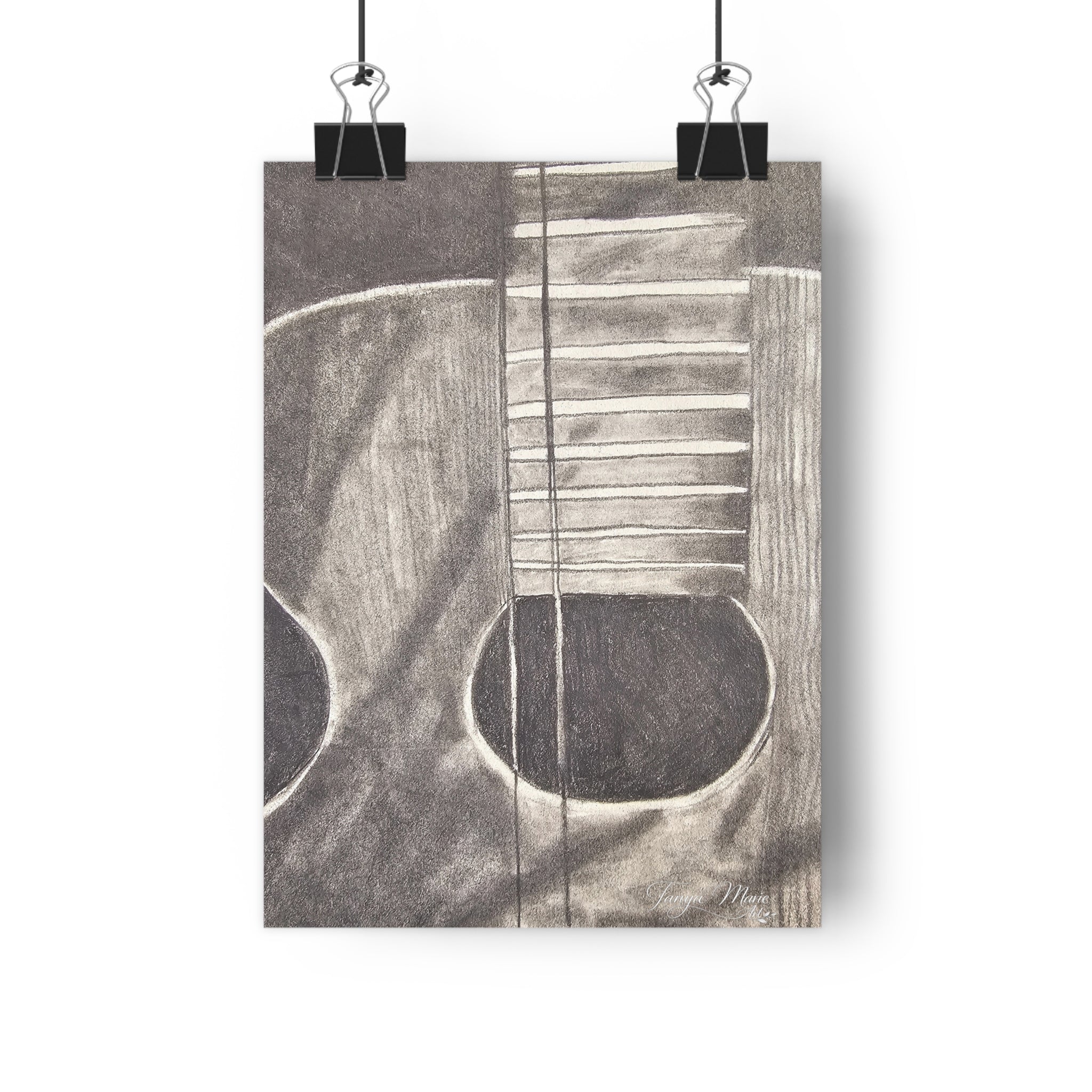 Acoustic Guitar Charcoal Giclée Art Print — Monochrome Music Wall Art